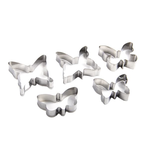 A set of five stainless steel butterfly cookie cutters in varying sizes, suitable for baking and crafting. 5 Pcs Butterfly Cookie Cutter - Image 1