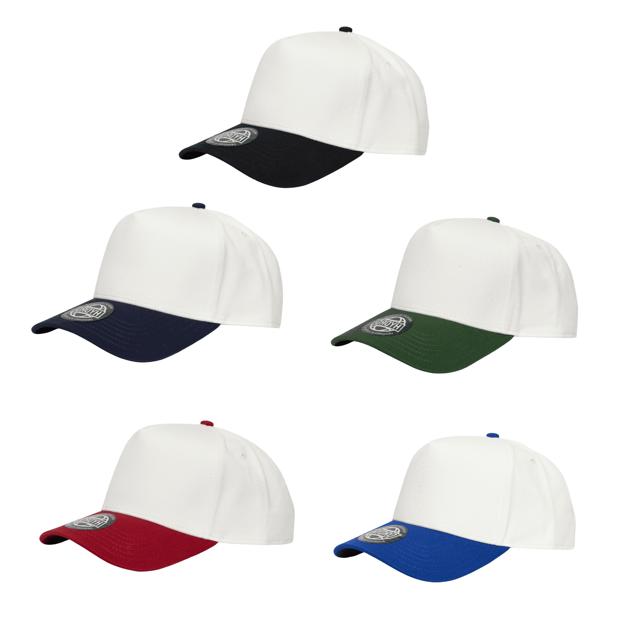 A collection of five two-tone caps in navy, green, red, blue, and black, each featuring a logo. Vibe Two-Tone Cap - Image 1