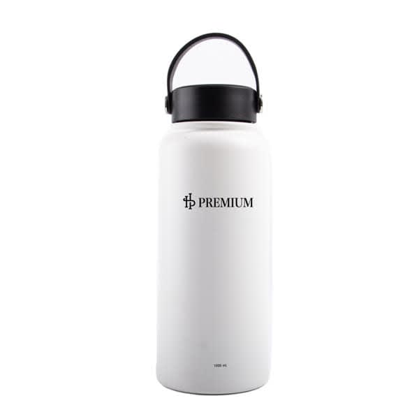 A drink bottle in white stainless steel with a black flex cap and a logo. Suitable for carrying beverages. 33 oz. Stainless Steel Wide Mouth Bottle With Flex Cap - Image 1