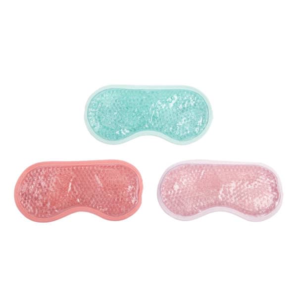 A set of three gel bead eye masks in mint green, pink, and light pink, each with a clear outer layer. Gel Bead Cooling Eye Mask - Image 1