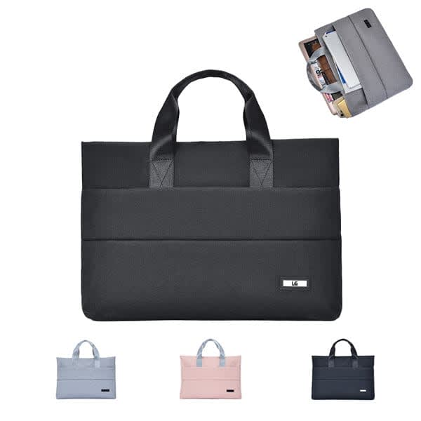 A portable laptop sleeve bag in black, featuring a logo, with additional colours in pink, grey, and blue. Portable Laptop Sleeve Bag - Image 1