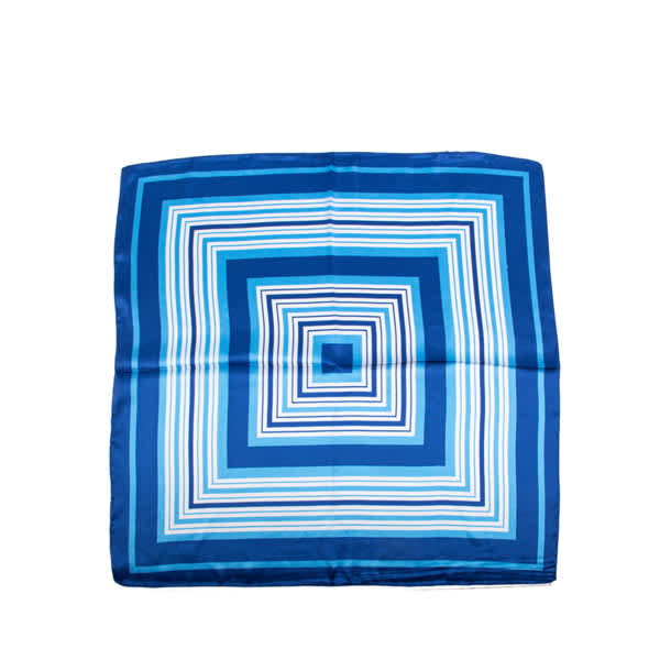 A custom polyester handkerchief featuring a geometric blue and white striped pattern. It has a logo in one corner. Custom Polyester Handkerchief - Image 1