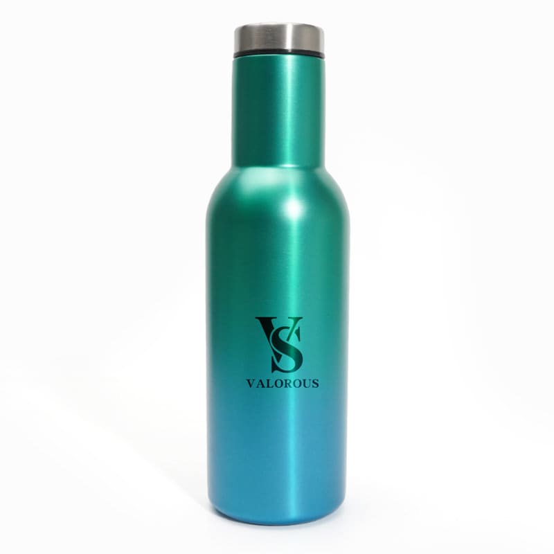 A drink bottle with a stainless steel finish, featuring a gradient from teal to blue and a logo. 20 oz. Stainless Steel Insulated Water Bottle - Image 1