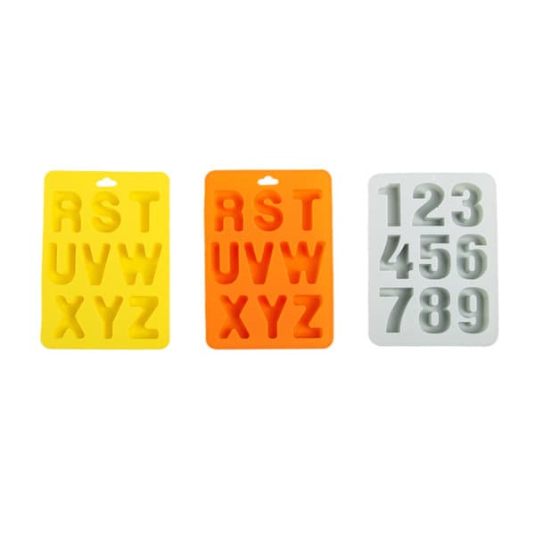 Silicone ice cube molds in yellow, orange, and white, featuring alphabet and number shapes. Each has a hanging loop. Silicone Alphabet Ice Cube Mold - Image 1