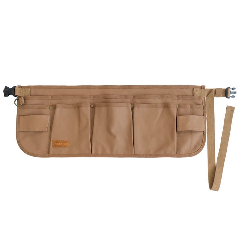 A tan multi-pocket tool belt with several compartments and an adjustable strap, featuring a logo. Multi-Pocket Tool Belt - Image 1