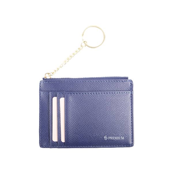 A blue PU wallet with a keychain, featuring multiple card slots and a textured finish. Includes a logo. Women’s PU Wallet With Keychain - Image 1
