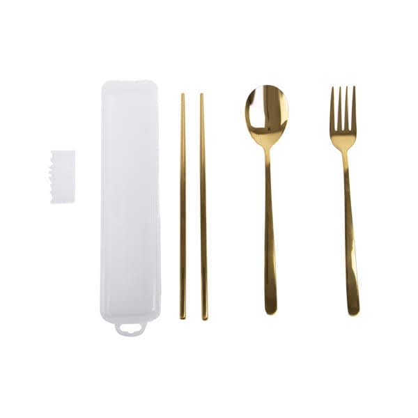 A golden flatware set including a spoon, fork, chopsticks, and a white storage box. 3Pcs Golden Flatware Set With Storage Box - Image 1