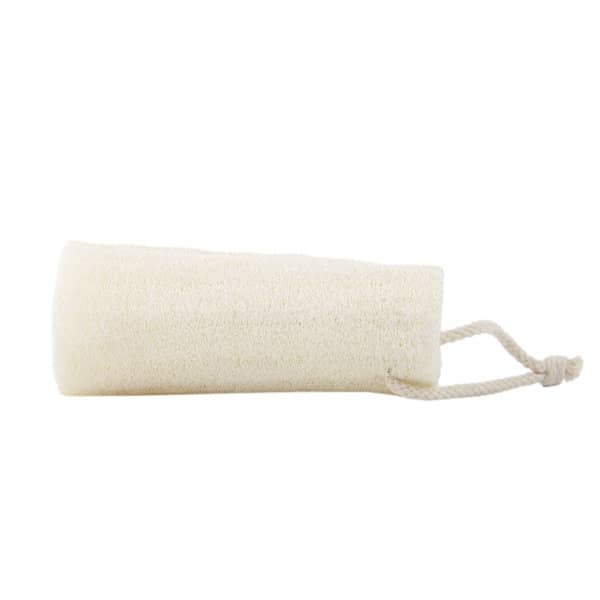 A natural loofah sponge scrubber in cream colour, featuring a rope handle for easy hanging. Natural Loofah Sponge Scrubber - Image 1