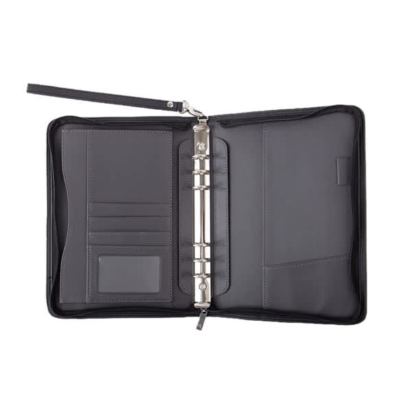A black leather zipper portfolio featuring multiple card slots and a binder mechanism for organising documents. Custom Portable Leather Zipper Portfolio - Image 1
