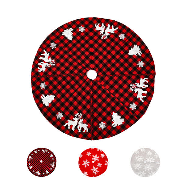 A round Christmas tree skirt featuring a red and black checkered pattern with white snowflakes and festive silhouettes. Christmas Tree Skirt - Image 1