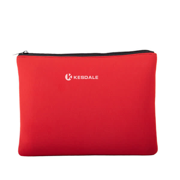 A red neoprene tablet case with a zip closure and a logo on the front. Custom Neoprene Tablet Case - Image 1