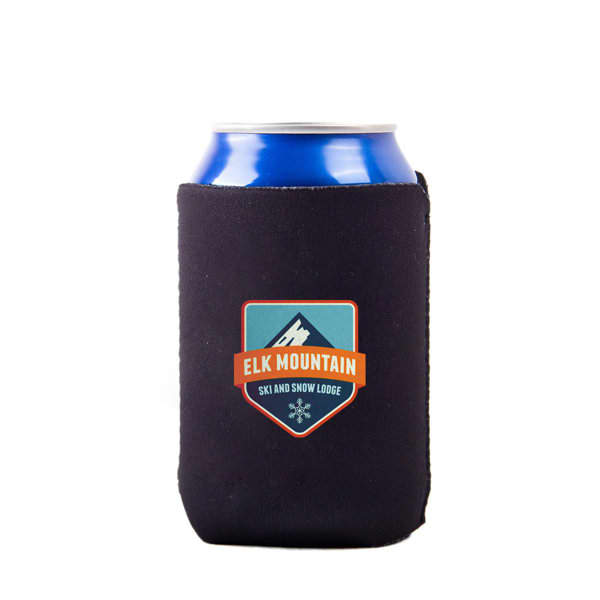A navy neoprene can cooler featuring a logo on the front, designed for 11 oz. cans. 11 oz. Personalized Neoprene Can Cooler - Image 1