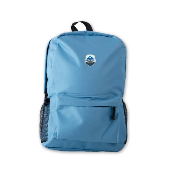 A solid blue backpack featuring a front pocket and side mesh pockets, with a logo on the front. Solid Color Light Backpack - Image 1