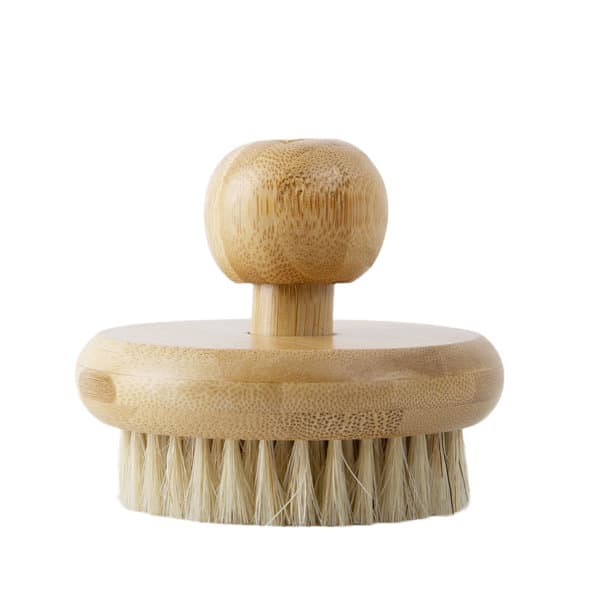 A round body brush made of bamboo with a wooden handle and natural bristles. It features a simple, eco-friendly design. Promotional Round Body Brush - Image 1