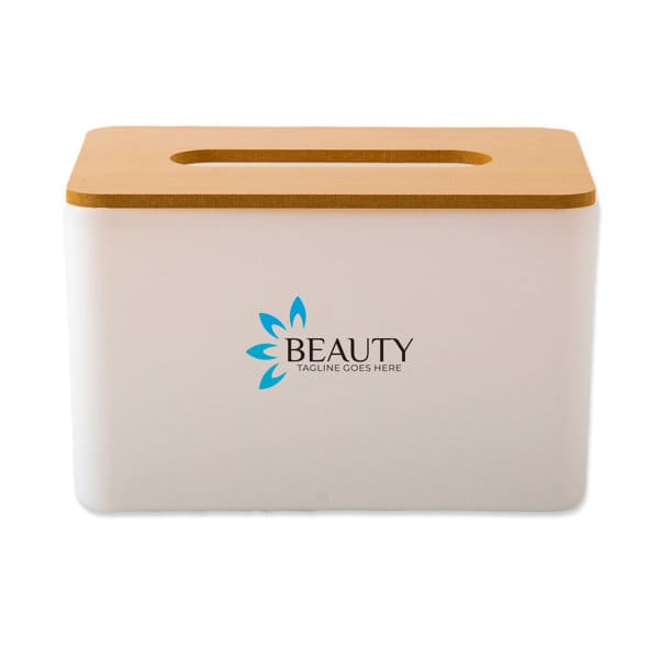 A white tissue box with a wooden lid and a logo on the front. Suitable for home decor. Custom Tissue Box With Wooden Lid - Image 1