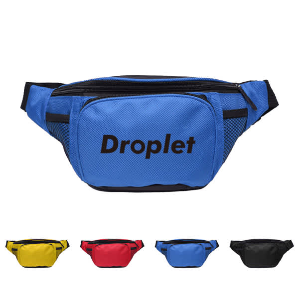 A blue waterproof nylon waist bag with a mesh pocket and a logo, displayed alongside yellow, red, and black options. Personalized Waterproof Nylon Waist Bag - Image 1
