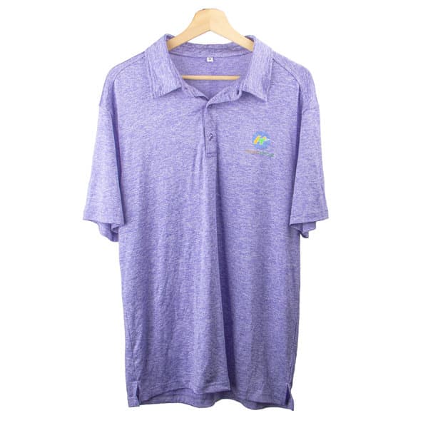 A purple quick dry polo shirt featuring a logo on the chest, displayed on a wooden hanger. Men Quick Dry Polo Shirt - Image 1