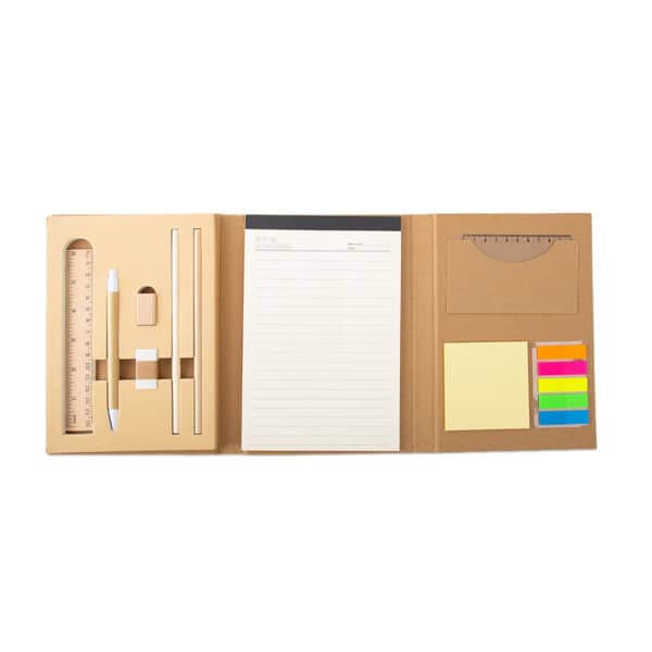 A tri-fold note memo pad in a beige cover with a pen, ruler, sticky notes, and lined writing paper inside. Tri Fold Note Memo Pad With Pen - Image 1