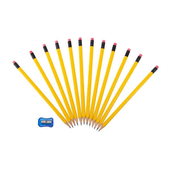 A set of 12 yellow wooden pencils with pink erasers and a sharpener. 12pcs Custom Yellow Wooden Pencil With Sharpener - Image 1