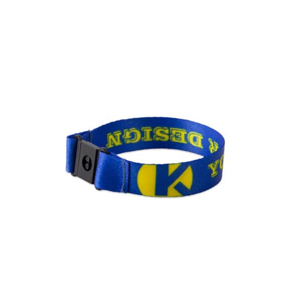 A blue polyester wristband featuring a buckle and a logo in yellow. Suitable for events and exhibitions. Custom Polyester Wristband With Buckle - Image 1