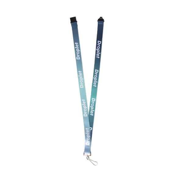 A lanyard featuring a gradient design from light blue to dark blue, with a safety breakaway feature and a logo. Lanyard With Safety Breakaway - Image 1