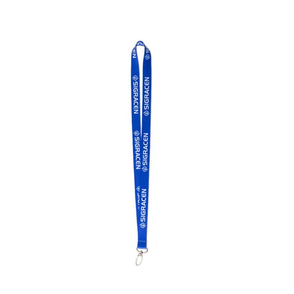 A blue lanyard with a clasp buckle, featuring a logo along its length. Lanyard With Clasp Buckle - Image 1