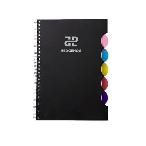 A black spiral notebook with tabs in various colours and a logo on the cover. Spiral Notebook With Tabs - Image 1