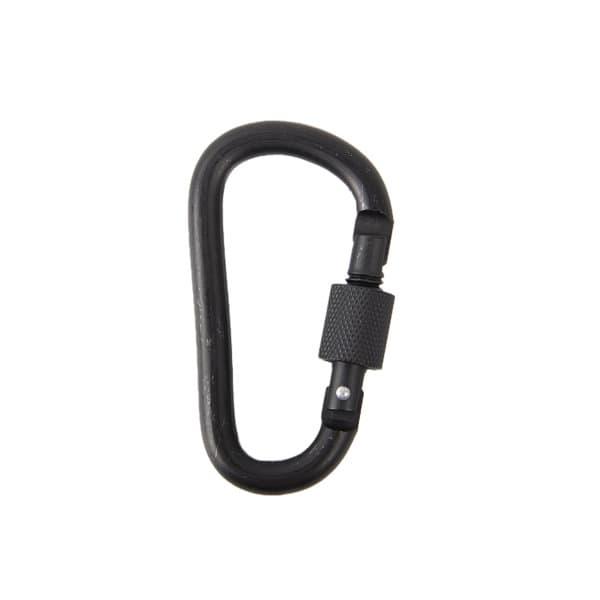 A black D-type outdoor carabiner with a secure screw-lock mechanism and textured grip. Promotional D Type Outdoor Carabiner - Image 1