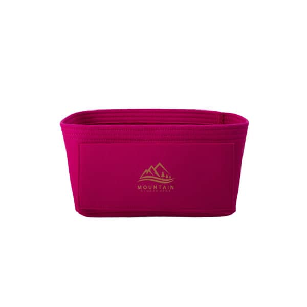 A pink felt organiser insert bag features a logo and multiple compartments for easy storage in handbags. Felt Organizer Insert Bag For Handbag - Image 1