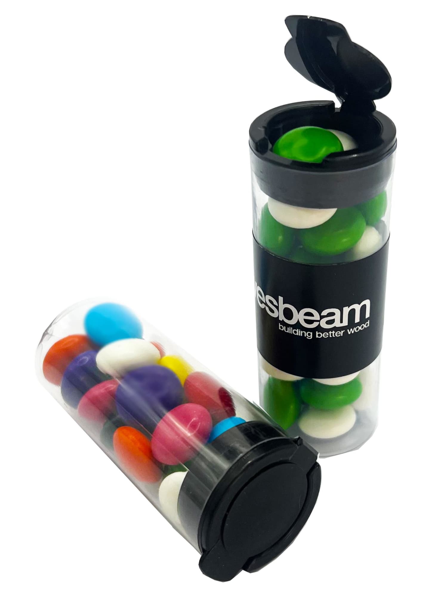 A clear flip lid tube containing colourful choc beans in various shades, with a black branding band. Flip Lid Tube with Choc Beans 35g - Image 1