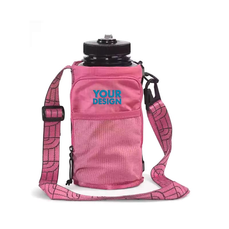 A drink bottle carrier bag in pink, featuring a mesh design and a strap, with a pocket for a phone and a logo. Water Bottle Carrier Bag With Phone Pocket - Image 1