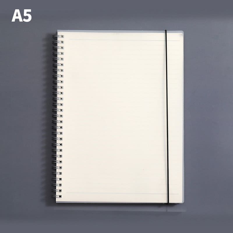 A5 transparent cover spiral notebook with lined pages and a black elastic band. Features a clean, minimalist design. A5 Transparent Cover Spiral Notebook - Image 1