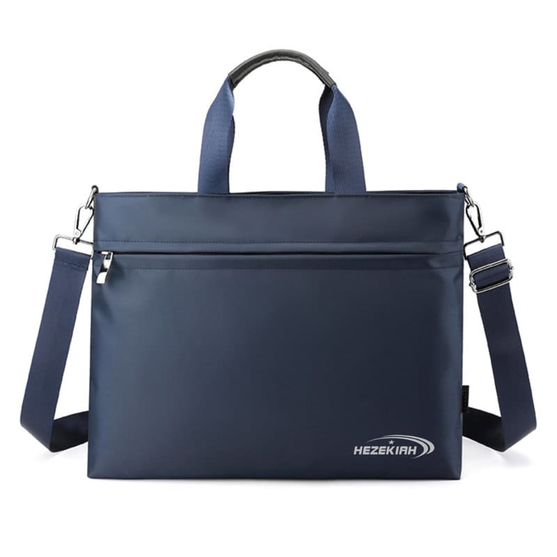 A navy blue portable polyester briefcase with dual handles and a detachable shoulder strap. Features branding. Portable Polyester Briefcase - Image 1