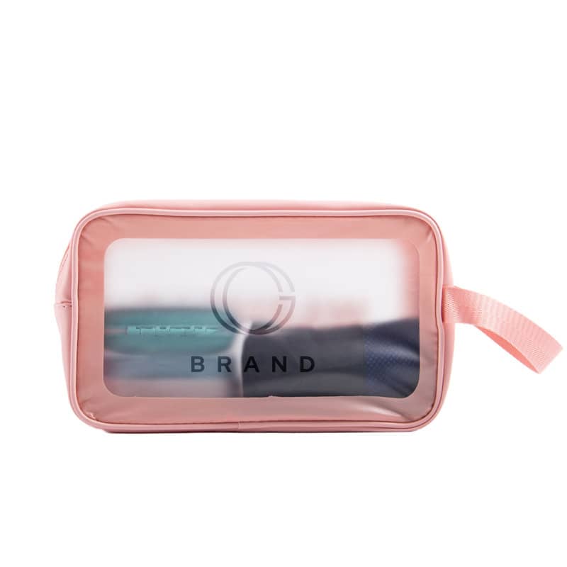 A pink transparent cosmetic toiletry bag with a zip closure and a handle, featuring a logo on the front. Custom Transparent Cosmetic Toiletry Bag - Image 1