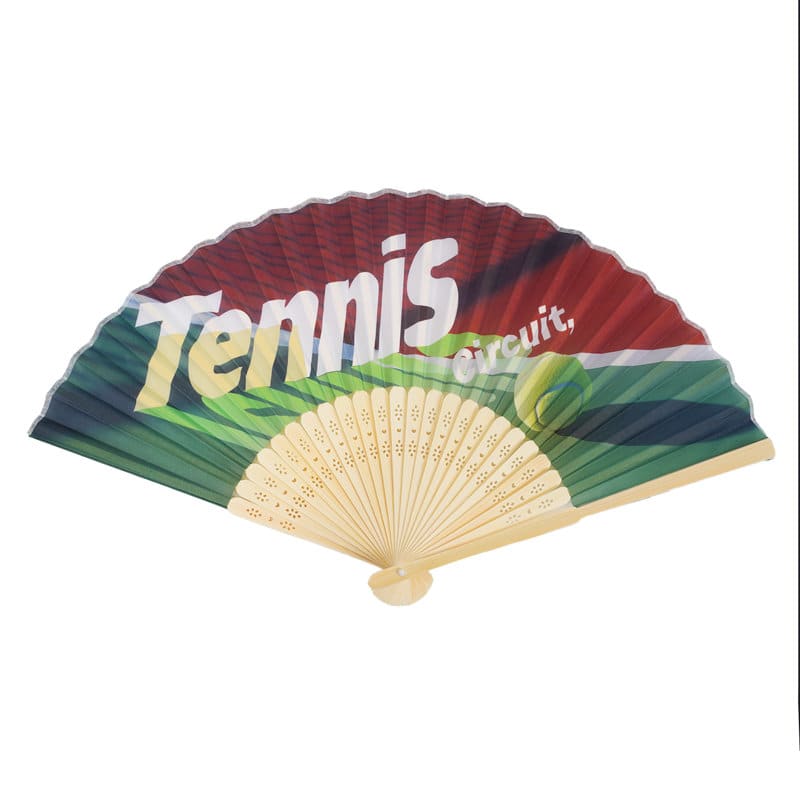 A custom bamboo hand fan featuring a vibrant red, green, and yellow design with tennis graphics and a logo. Custom Bamboo Hand Fan - Image 1