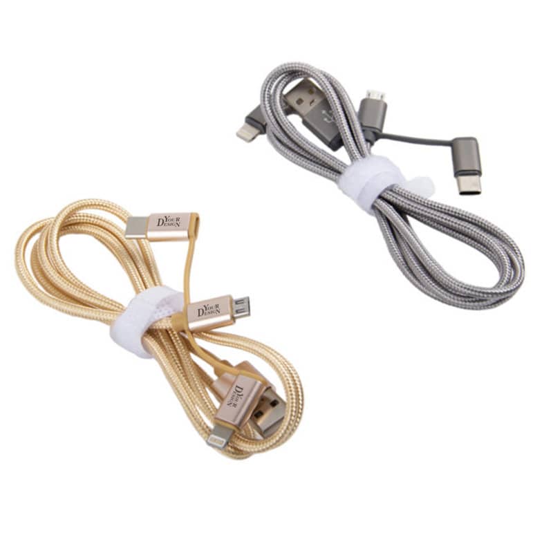 A set of two 3 in 1 USB charging cables in gold and silver with braided exteriors and attached ties for organization. 3 In 1 USB Charging Cable - Image 1