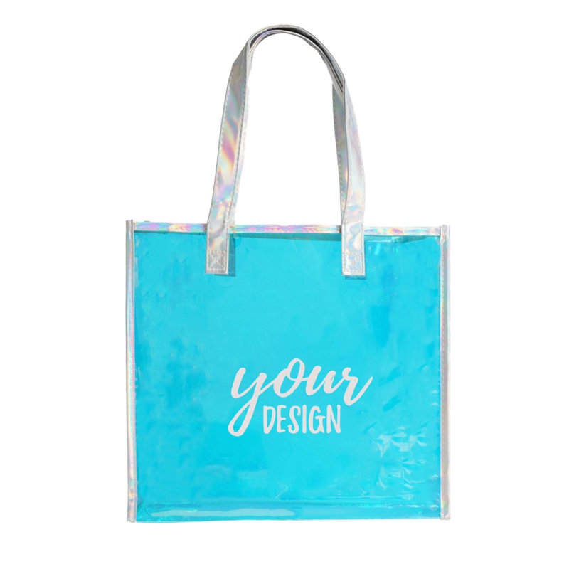 A transparent iridescent handbag in turquoise, featuring silver handles and a logo. Transparent Iridescent Handbag - Image 1