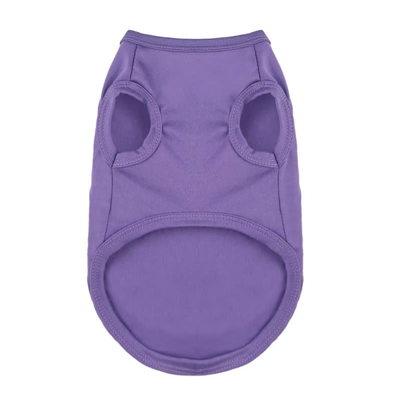 A purple two-legged polyester pet vest with arm openings and a rounded neckline, featuring a logo. Two Legged Polyester Pet Vest - Image 1