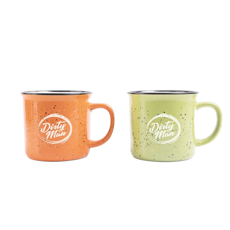 A set of two ceramic campfire mugs, one orange and one green, both featuring a logo. Mini Personalized Ceramic Campfire Mug - Image 1