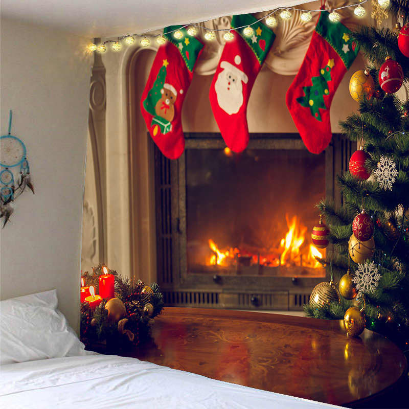A festive decorative backdrop featuring a fireplace, stockings, a Christmas tree, and holiday ornaments in red and gold. Custom Decorative Backdrop Cloth - Image 1