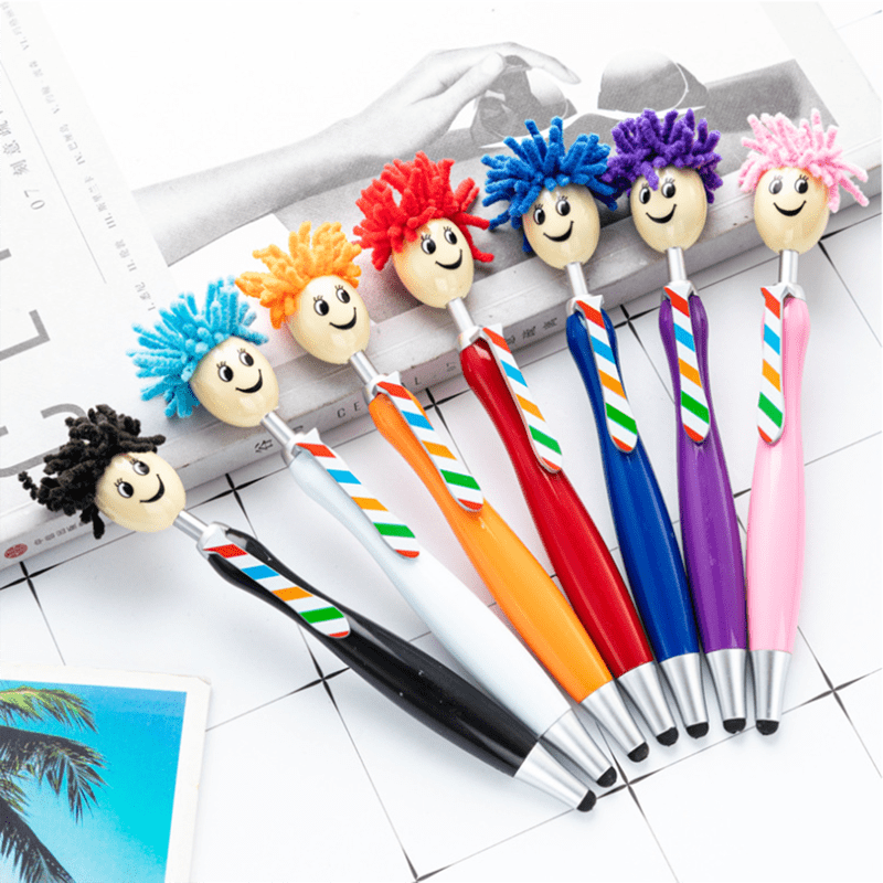 A set of colourful ballpoint pens with mop head styluses, featuring various hair colours and smiling faces. Promotional Mop Head Stylus Ballpoint Pen - Image 1