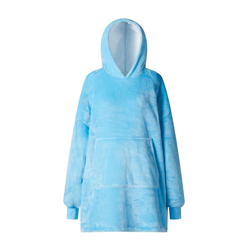 A flannel hoodie in a soft, light blue colour featuring a front pocket and a hood. It has a logo on the design. Women Blanket Flannel Hoodie - Image 1