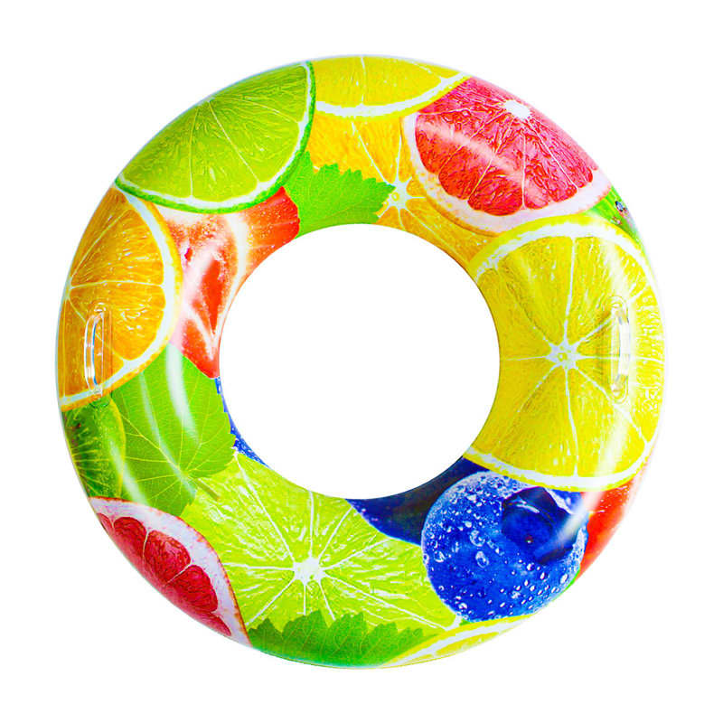A large inflatable swimming ring in bright colours featuring citrus fruit designs, including lemons, limes, and oranges. Large Inflatable Swimming Ring With Handle - Image 1