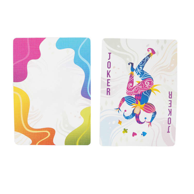 A set of playing cards featuring vibrant designs, including a colourful joker card with artistic illustrations. Promo Black Core Playing Cards - Image 1