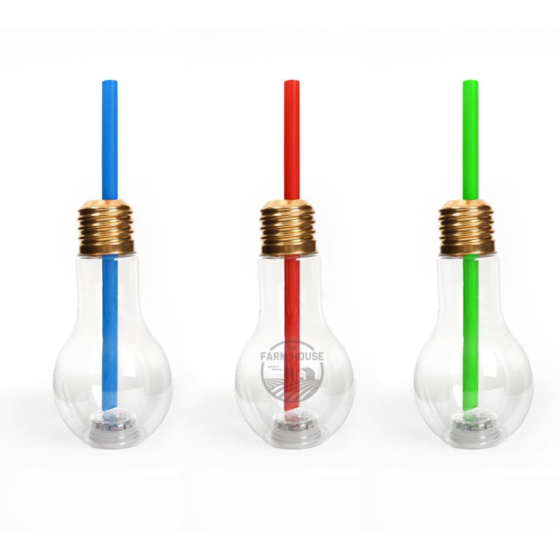 A drink bottle featuring a light bulb design, with red, green, and blue straws and a gold lid. Clear plastic body. 13.5 oz. Light Bulb Cup With Straw - Image 1