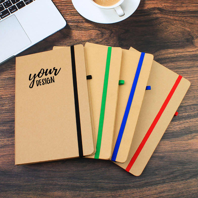 A5 Kraft paper notebooks in various colours—black, green, blue, and red—with elastic bands and a logo. A5 Kraft Paper Notebook - Image 1
