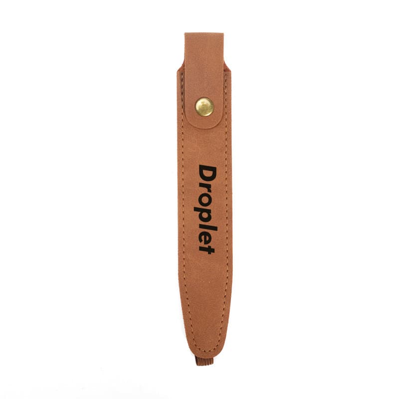 A tan PVC leather pen holder with a button clasp and a logo imprint. PVC Leather Pen Holder - Image 1