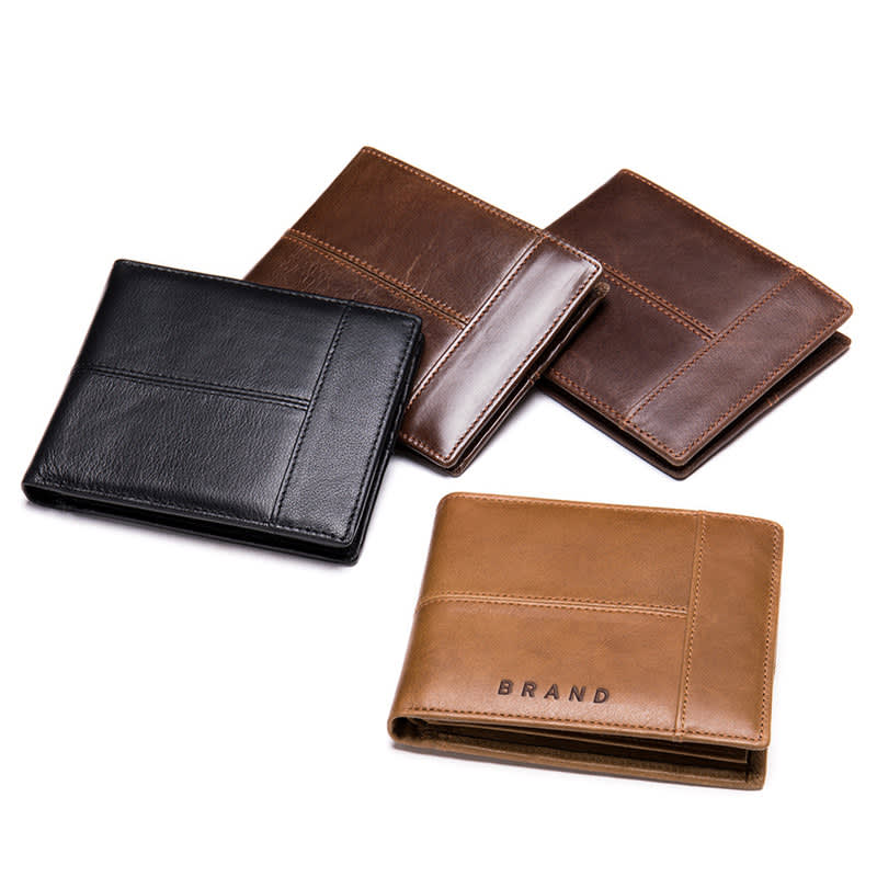 A genuine leather bifold wallet in black, brown, and tan, showcasing multiple styles and an embossed logo. Genuine Leather Bifold Wallet - Image 1