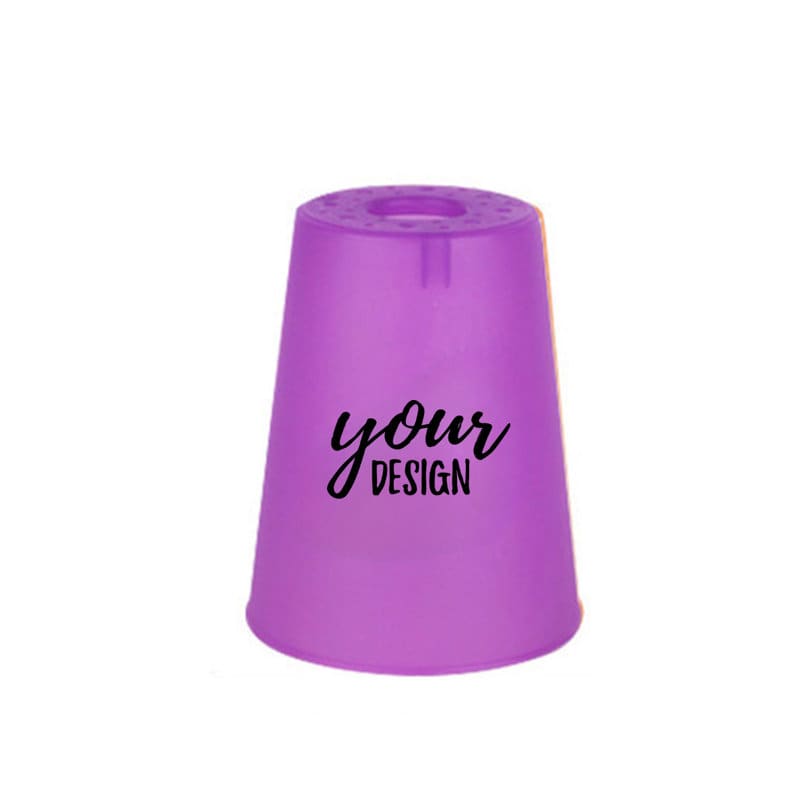 A purple plastic speed stacking cup with a design printed on the surface. It features a round top and flared base. Plastic Speed Stacking Cup - Image 1