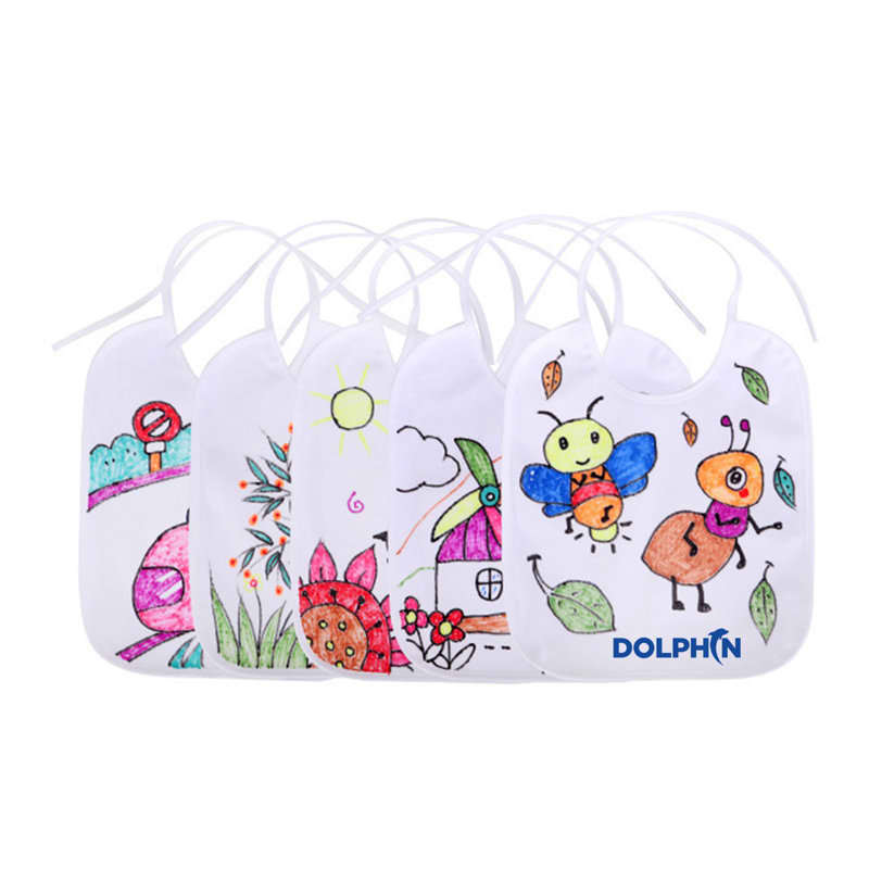 A set of five white baby bibs featuring colourful, whimsical designs ready for decoration. Each bib has a logo. DIY Baby Bibs Decorating Kit - Image 1